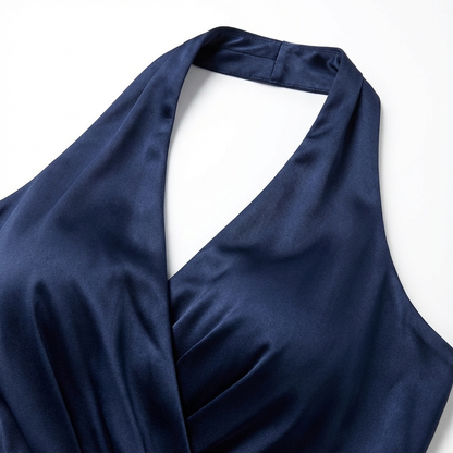 Women's Satin Maxi Dress Halter Neck Ruffled Hem