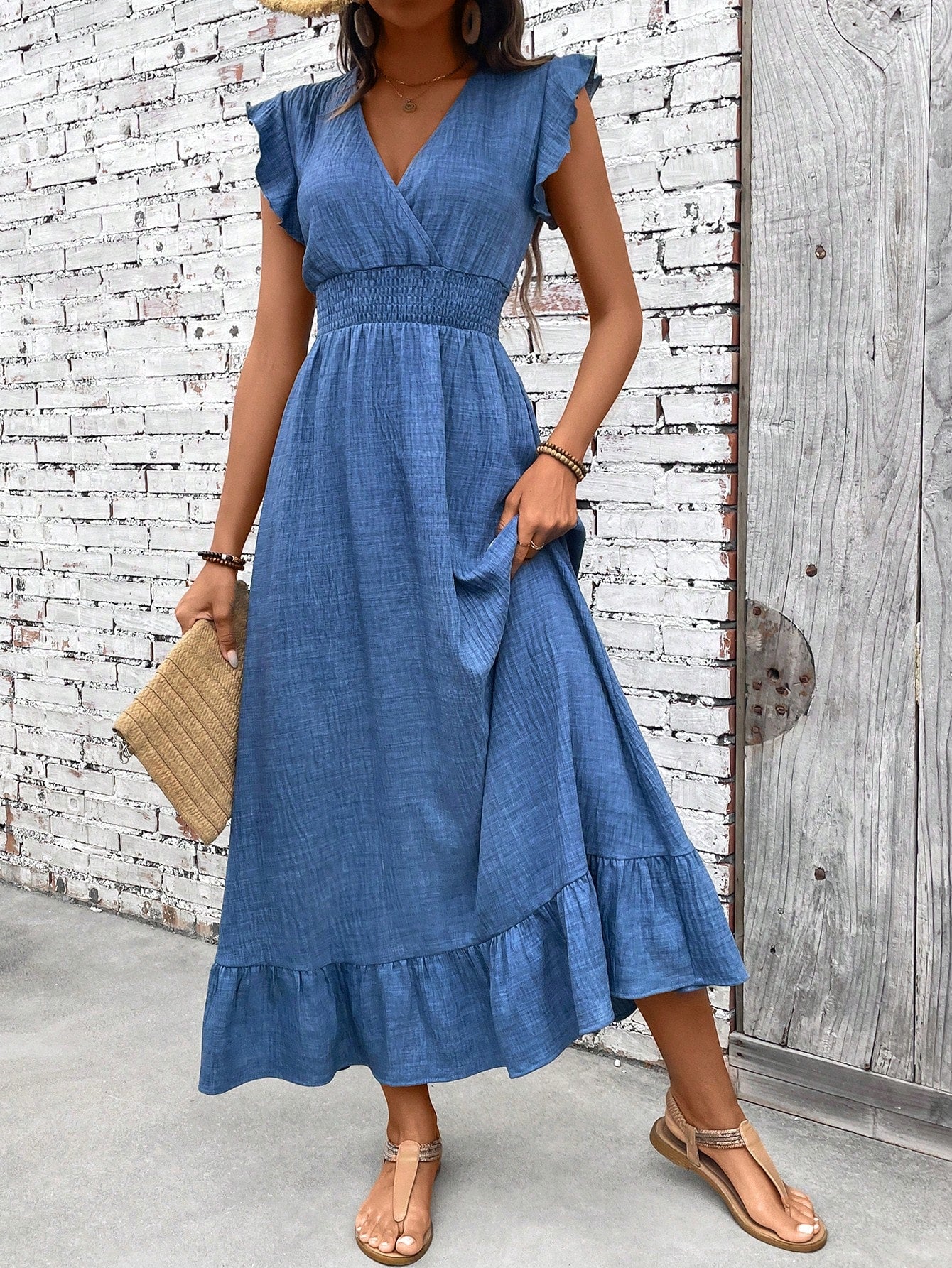 Flowy V-Neck Maxi Dress with Ruffled Hem - VibreMode