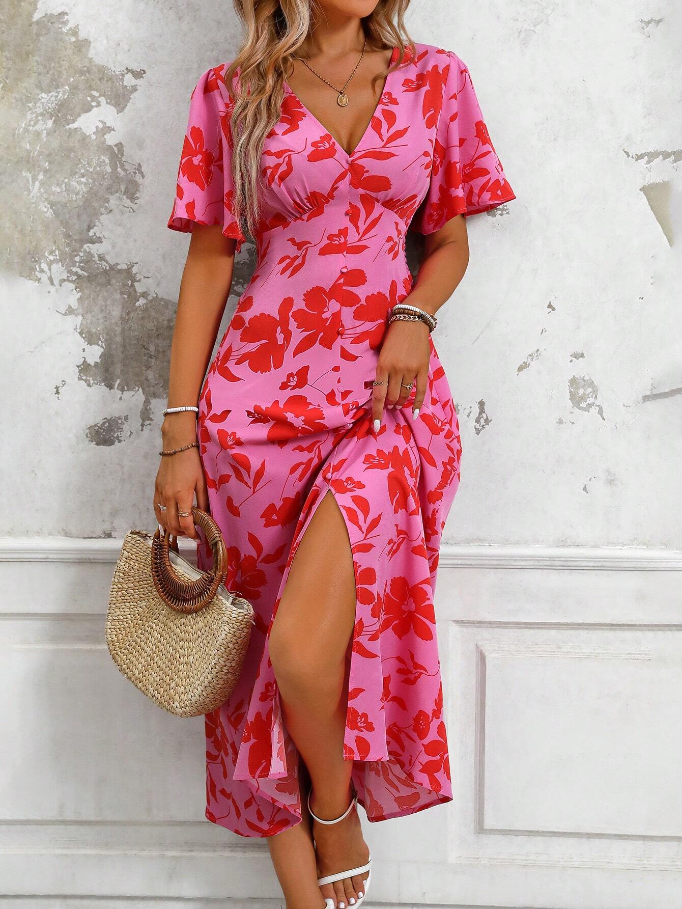 Vibrant Floral V Neck Summer Dress - VibreMode