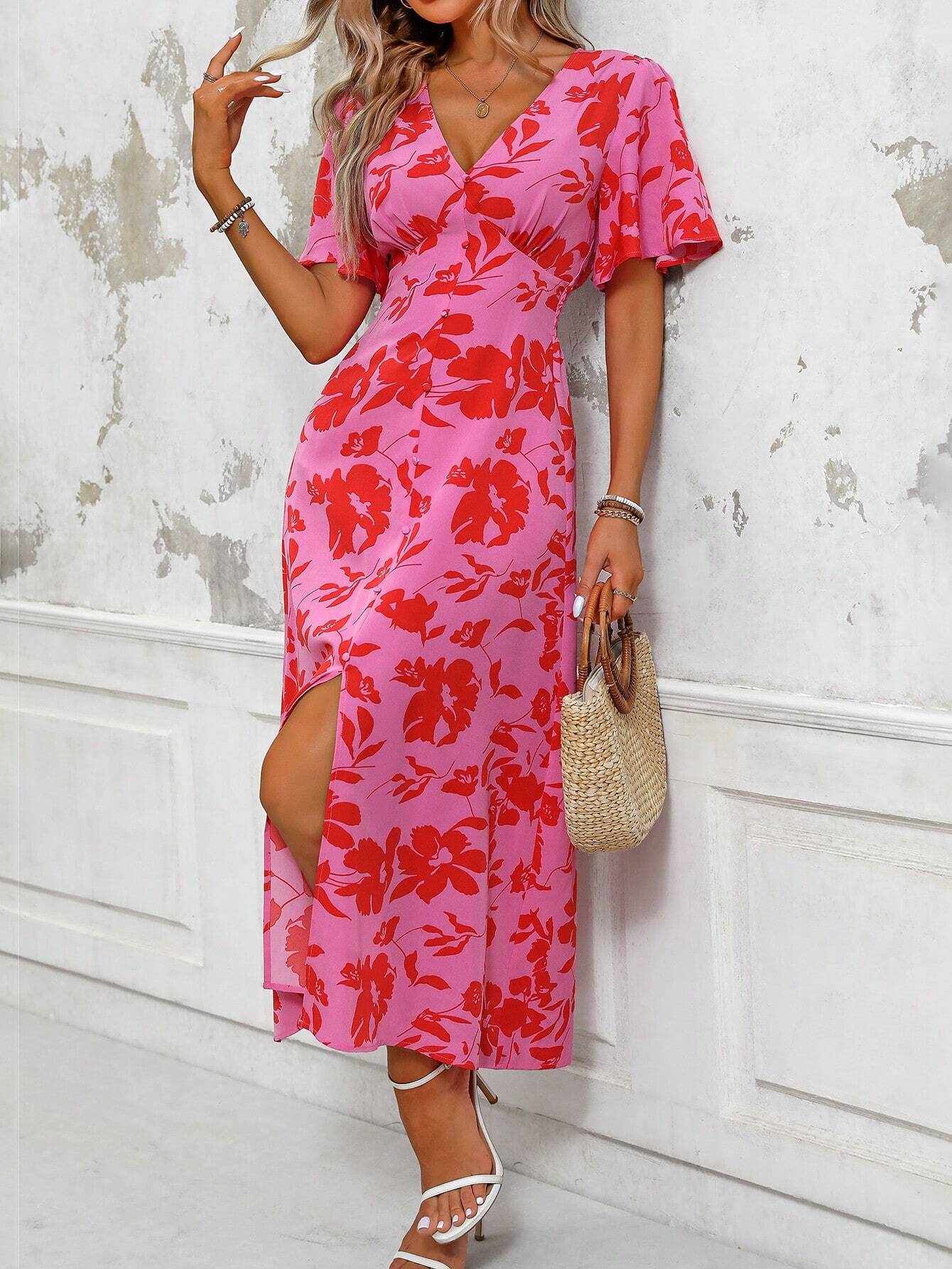 Vibrant Floral V Neck Summer Dress