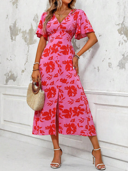Vibrant Floral V Neck Summer Dress