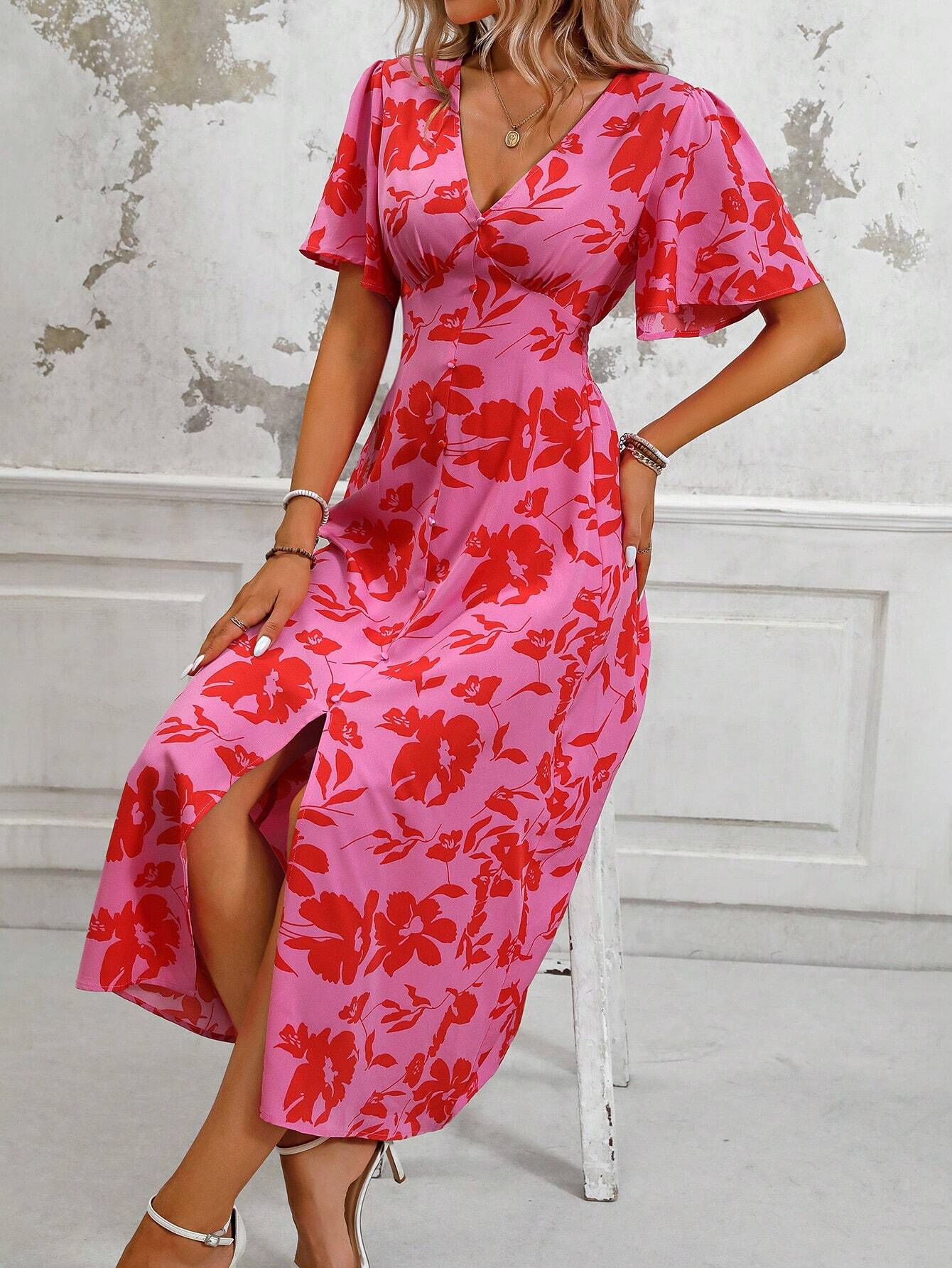 Vibrant Floral V Neck Summer Dress