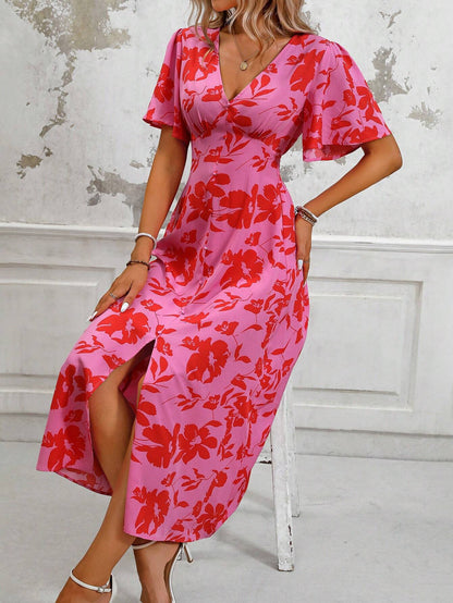 Vibrant Floral V Neck Summer Dress