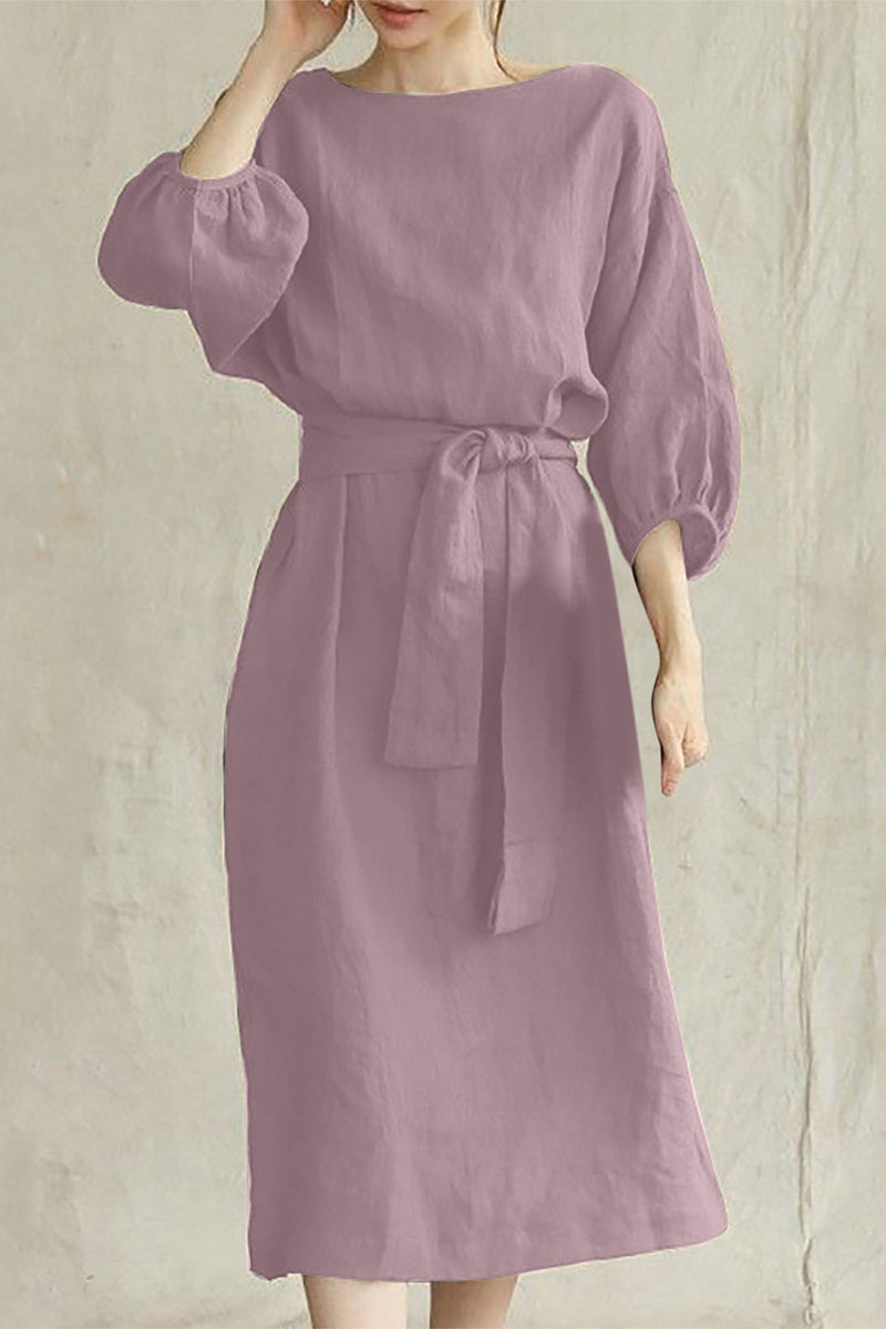 Linen Midi Dress Tie Waist