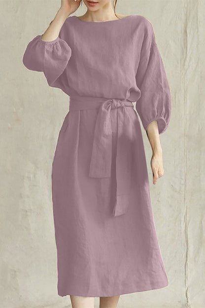 Linen Midi Dress Tie Waist