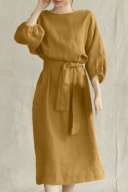 Linen Midi Dress Tie Waist