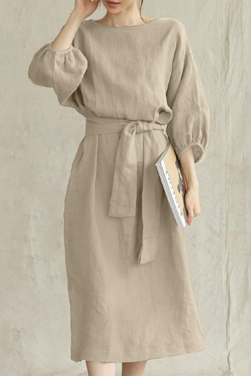 Linen Midi Dress Tie Waist