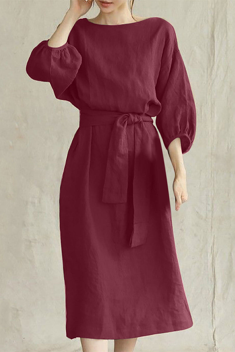 Linen Midi Dress Tie Waist