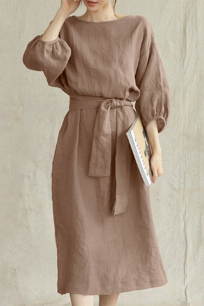 Linen Midi Dress Tie Waist