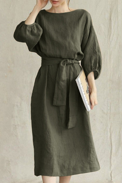 Linen Midi Dress Tie Waist