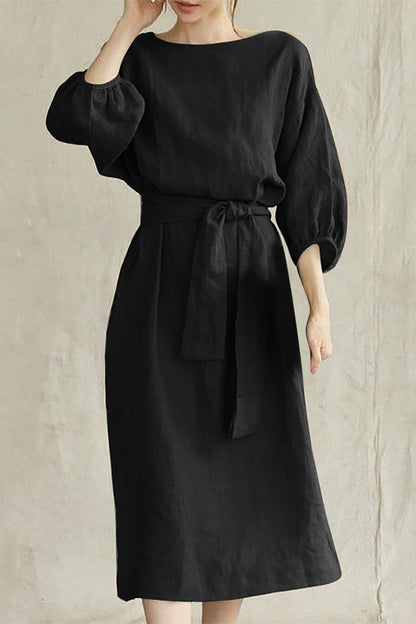 Linen Midi Dress Tie Waist
