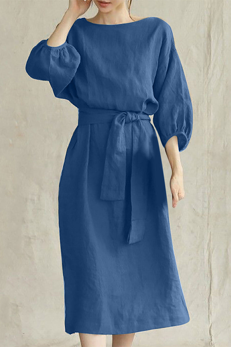 Linen Midi Dress Tie Waist