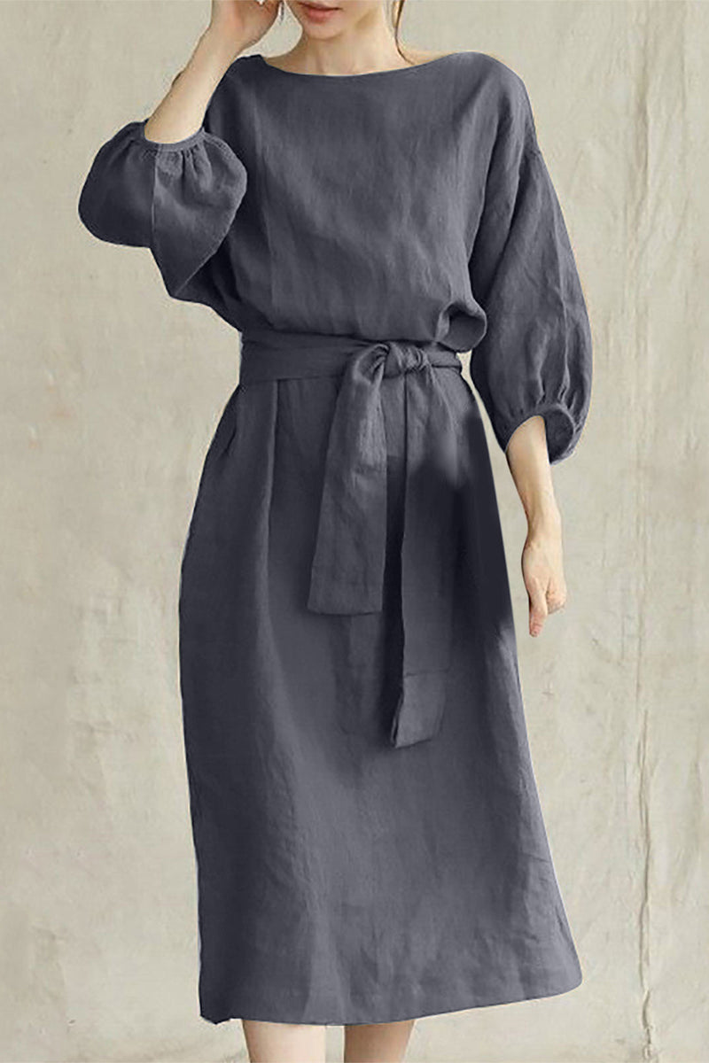 Linen Midi Dress Tie Waist