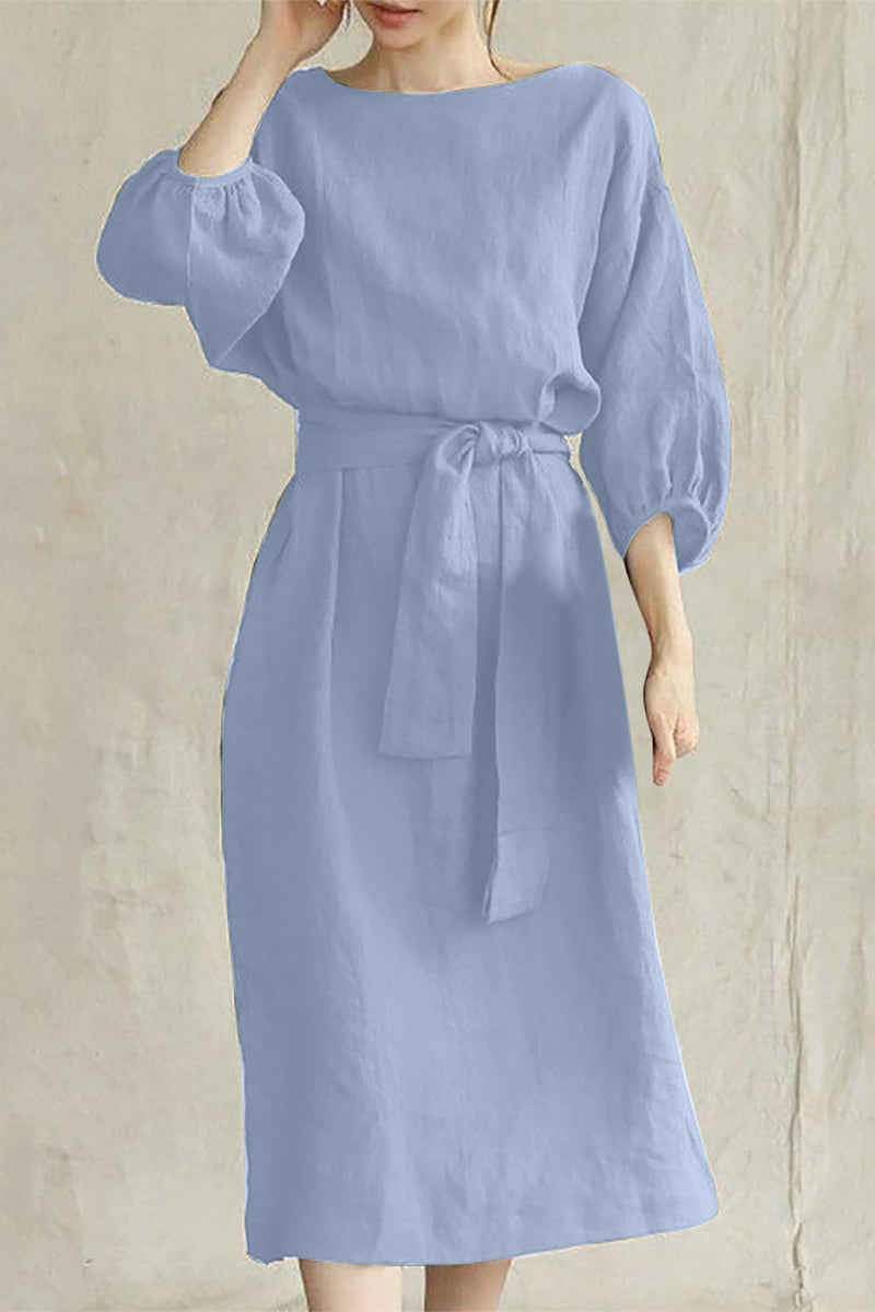 Linen Midi Dress Tie Waist