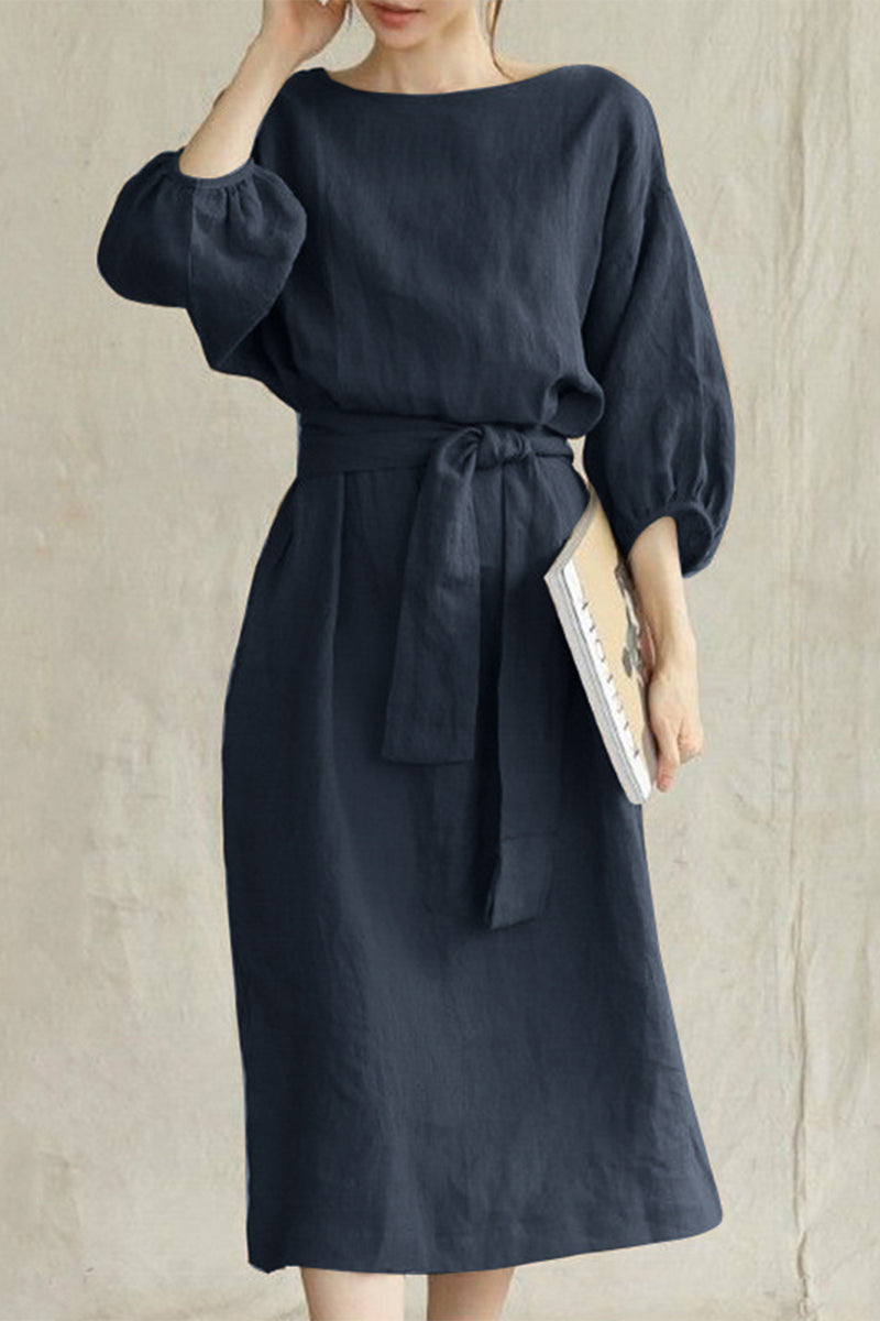 Linen Midi Dress Tie Waist - VibreMode