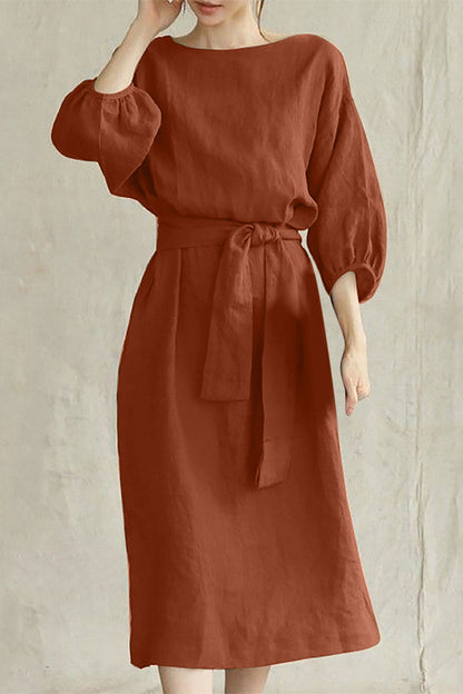 Linen Midi Dress Tie Waist