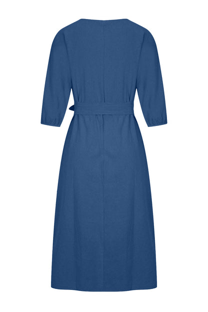 Linen Midi Dress Tie Waist