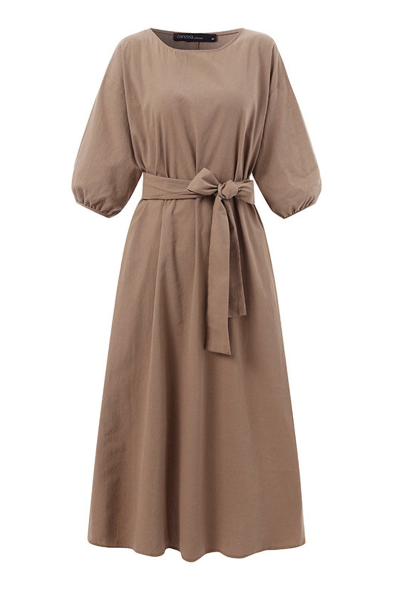 Linen Midi Dress Tie Waist
