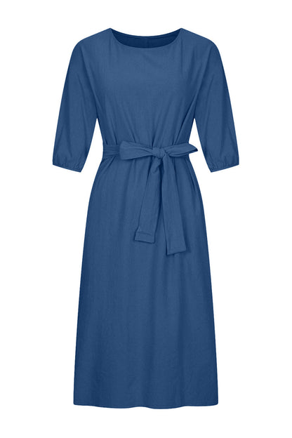 Linen Midi Dress Tie Waist