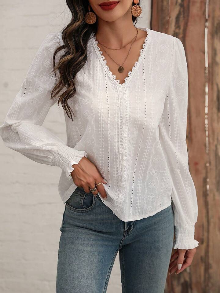 Women's V-Neck Lace Blouse Long Sleeve - VibreMode