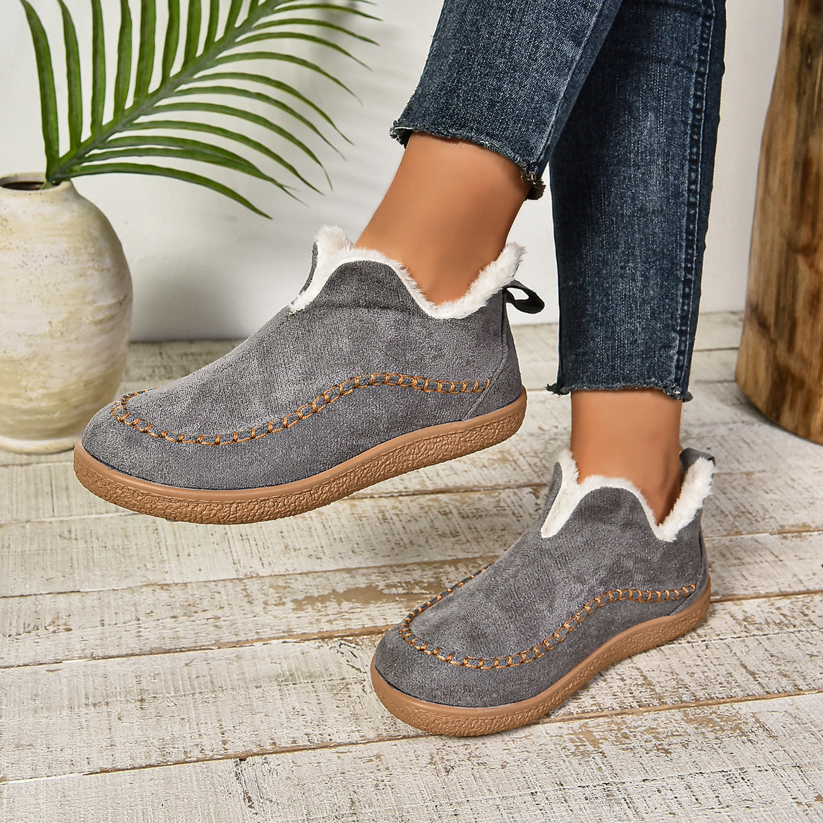 Cozy Faux Fur Ankle Boots with Grip Thick Outsole