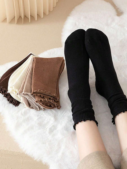 Women's Crew Socks Ribbed Ruffled Edge