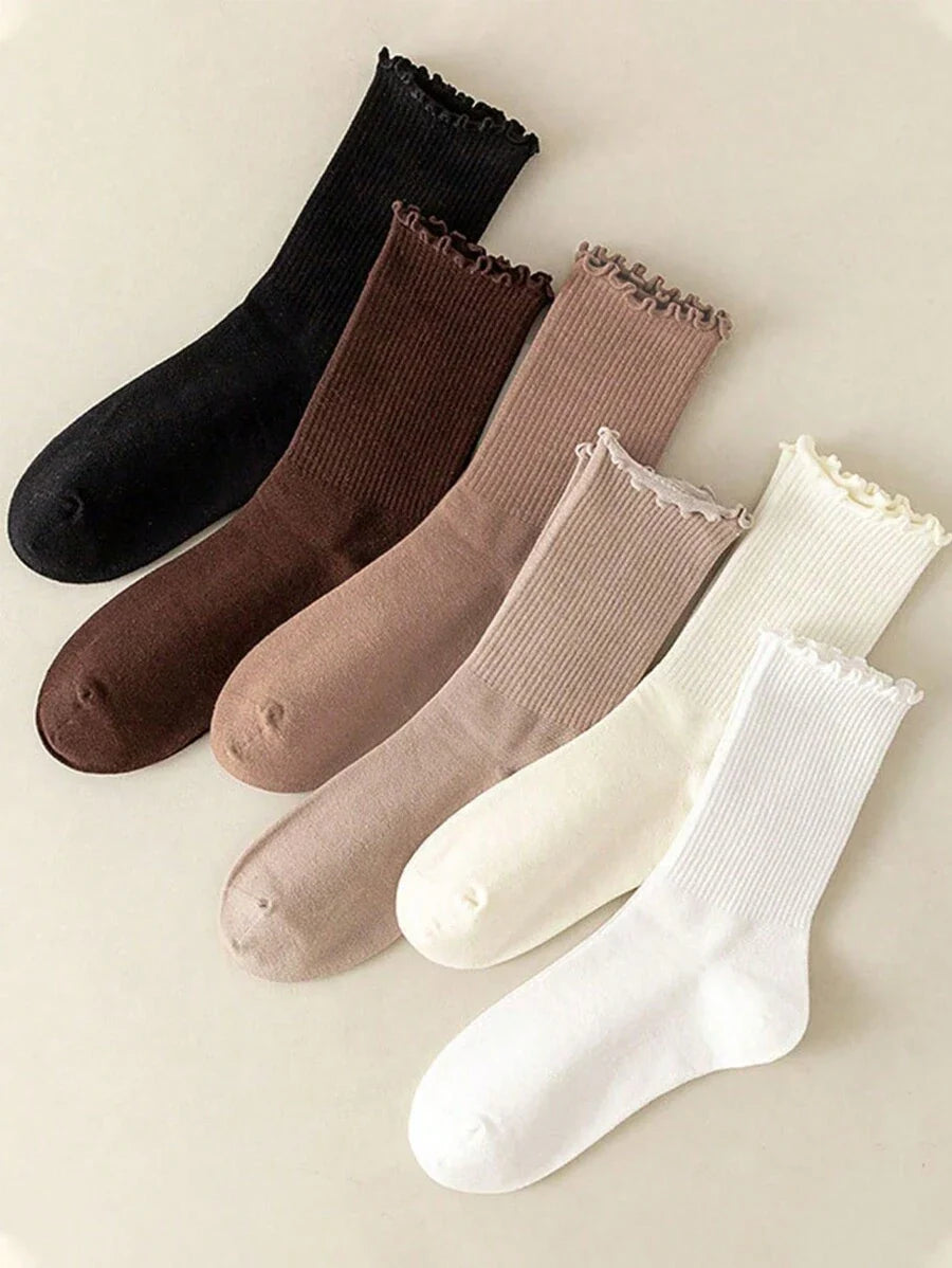 Women's Crew Socks Ribbed Ruffled Edge