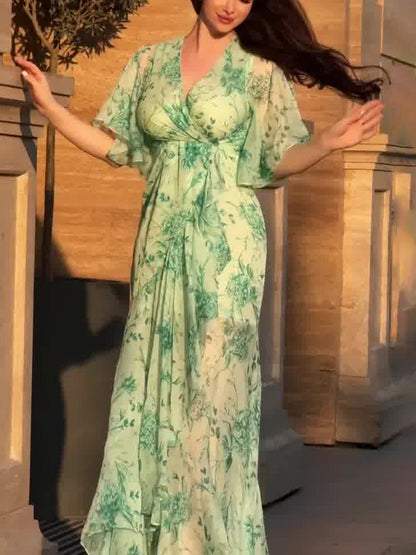 Vintage V-Neck Bell Sleeve Print Dress