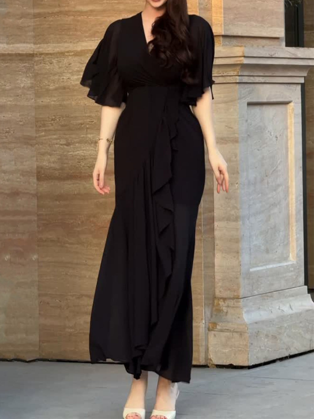 Vintage V-Neck Bell Sleeve Print Dress