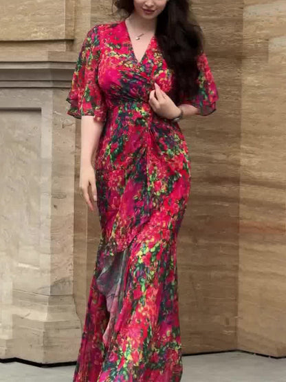 Vintage V-Neck Bell Sleeve Print Dress
