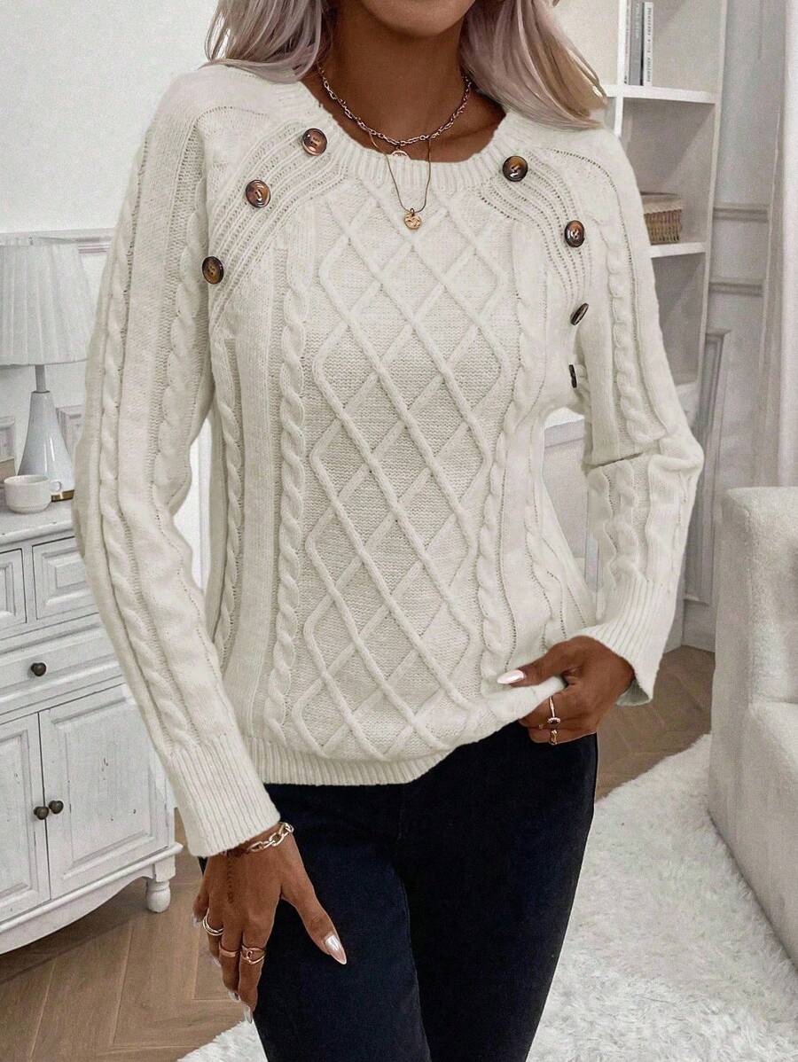 Classic Button Front Cable Knit Sweater