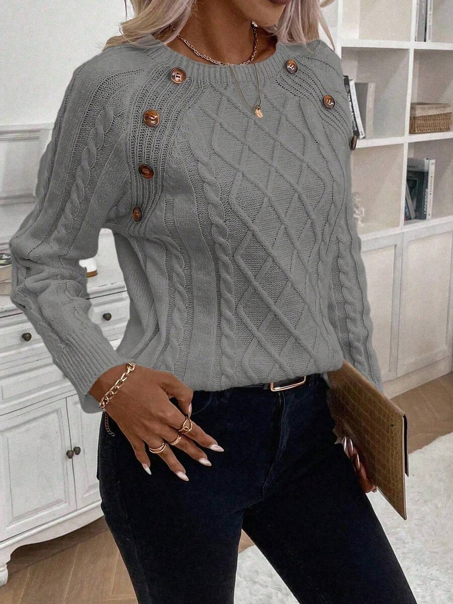 Classic Button Front Cable Knit Sweater