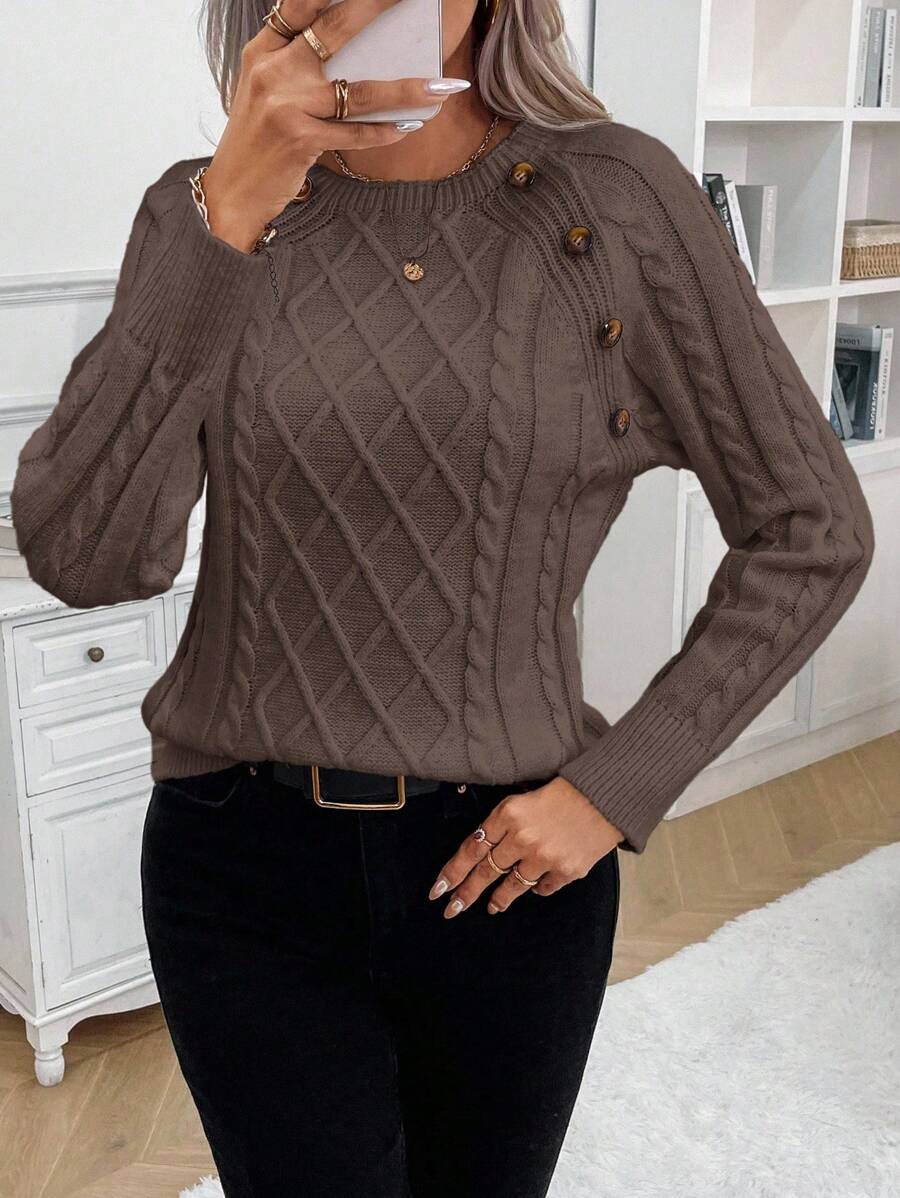 Classic Button Front Cable Knit Sweater