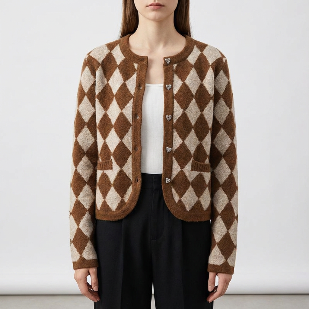 Merino Wool Argyle Cardigan - VibreMode