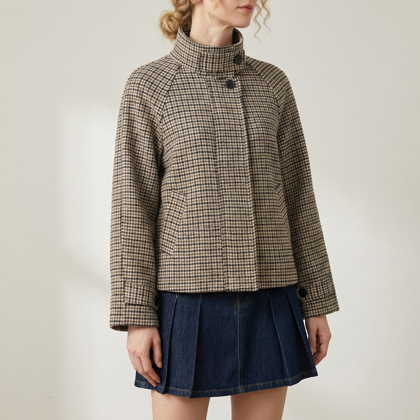 Women's Check Turtleneck Wool Coat - VibreMode