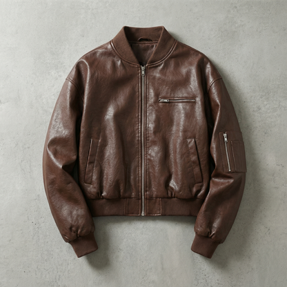 Women's Faux Leather Cropped Bomber Jacket - VibreMode