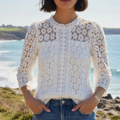 Women's Lace Blouse Puff Sleeves - VibreMode