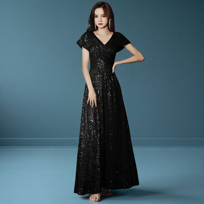 Women's V-Neck Sequin Evening Gown - VibreMode