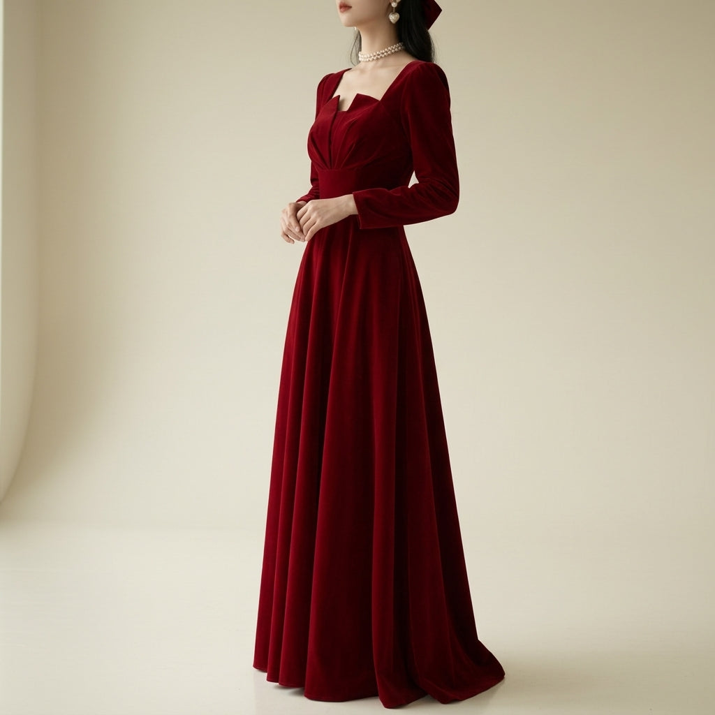 Women's Red Long Sleeve Wedding Dress Square Collar - VibreMode