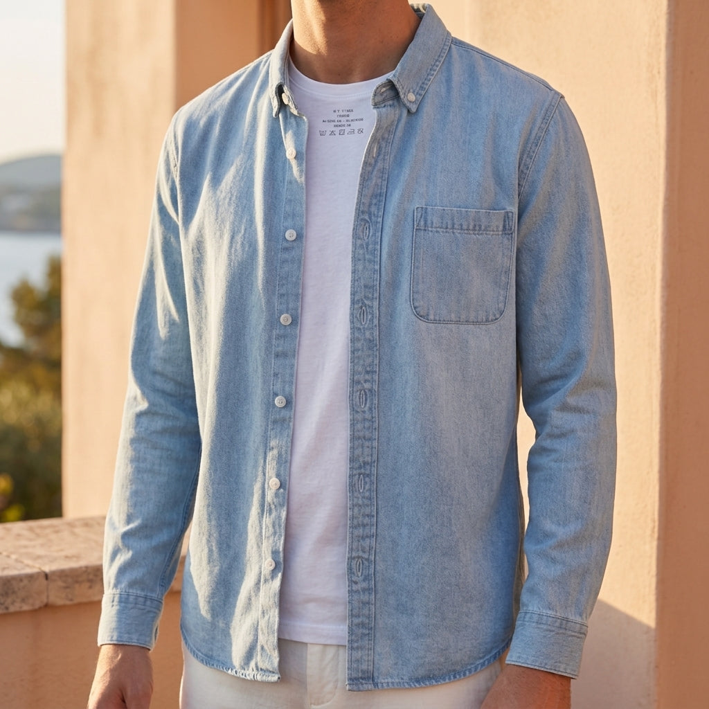 Men's Cotton Denim Shirt Long-Sleeve Blue - VibreMode