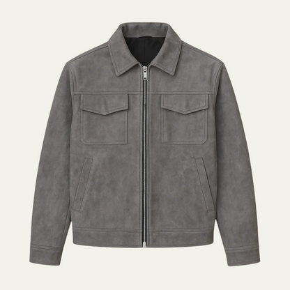 Men's Gray Suede Jacket Minimalist Winter Overshirt - VibreMode
