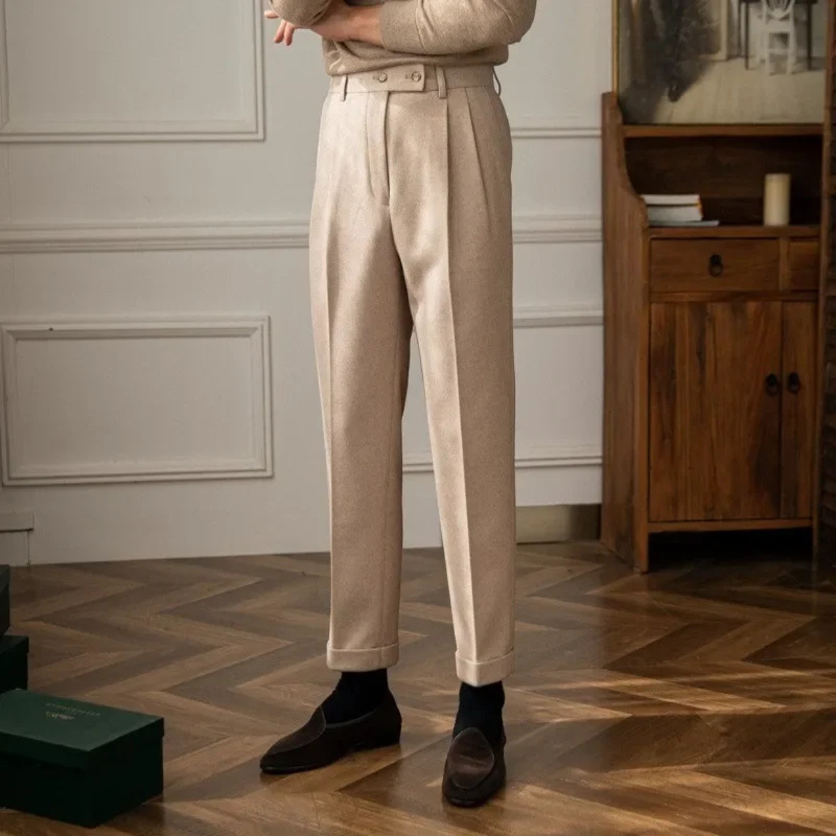 Men's High Waisted Wool Slim Fit Dress Pants