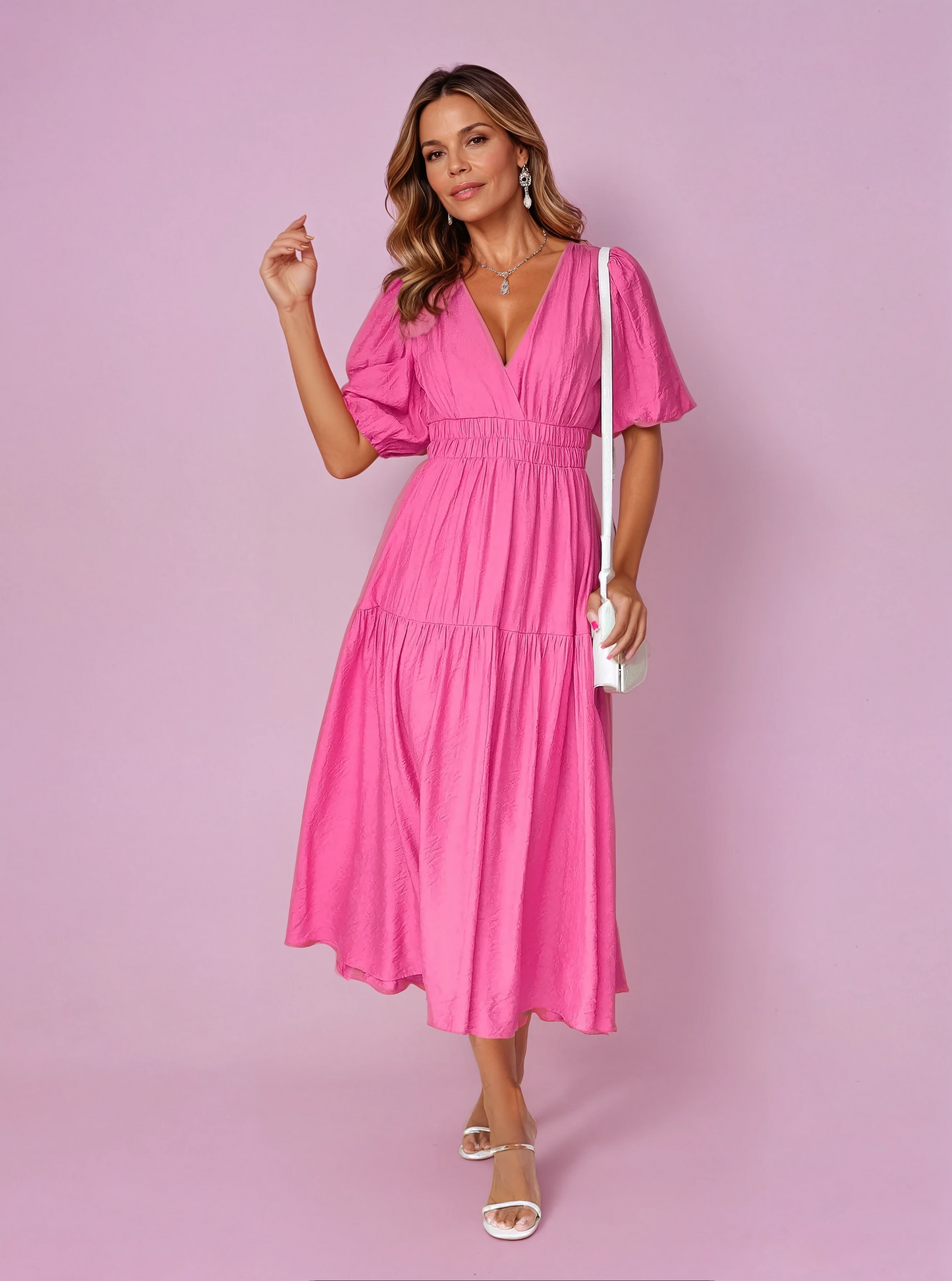 Women's Casual V-Neck Puff Sleeve Midi Dress