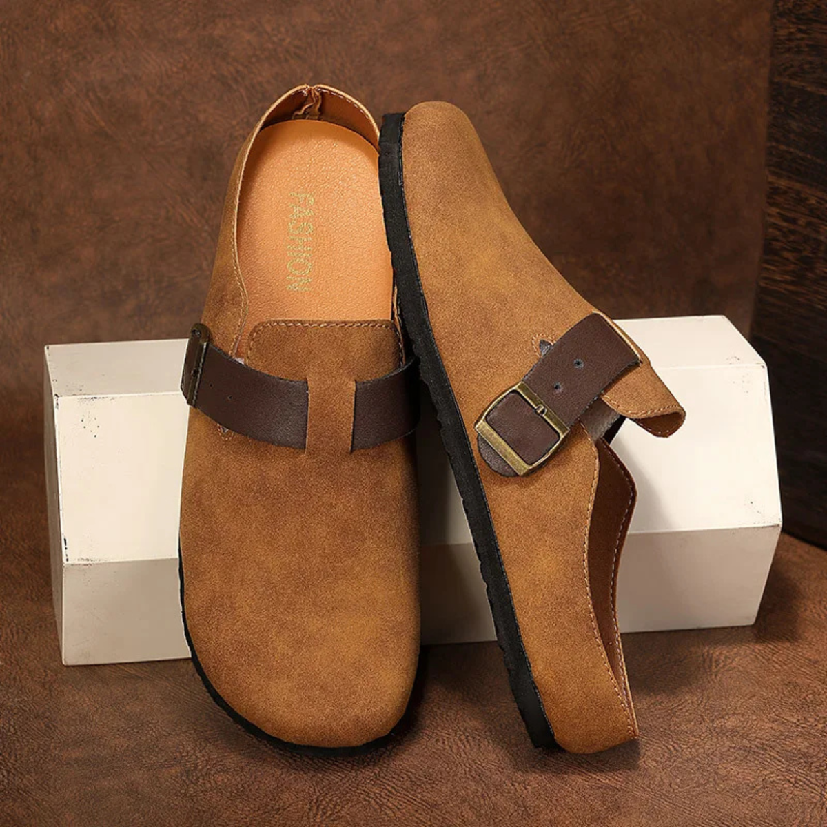 Men's Suede Moccasin Slippers Buckle Brown