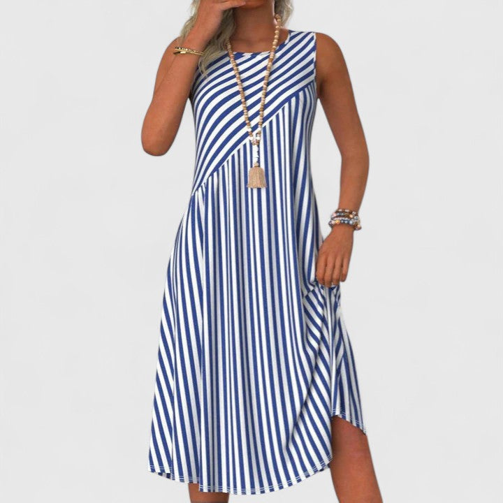 Women's Striped Sleeveless Midi Dress Round Neck Summer Dress - VibreMode