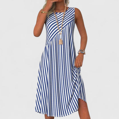 Women's Striped Sleeveless Midi Dress Round Neck Summer Dress - VibreMode