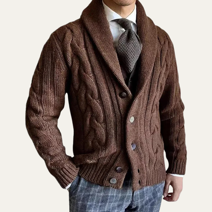 Men's Cable Knit Cardigan Warm Shawl Collar Beige