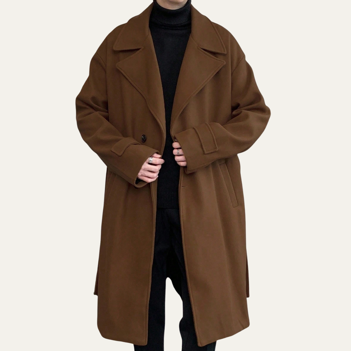Men's Wool Wrap Coat Camel Brown with Belt