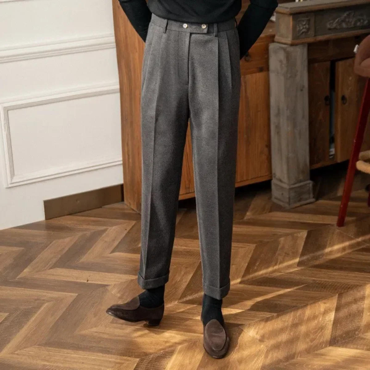 Men's High Waisted Wool Slim Fit Dress Pants