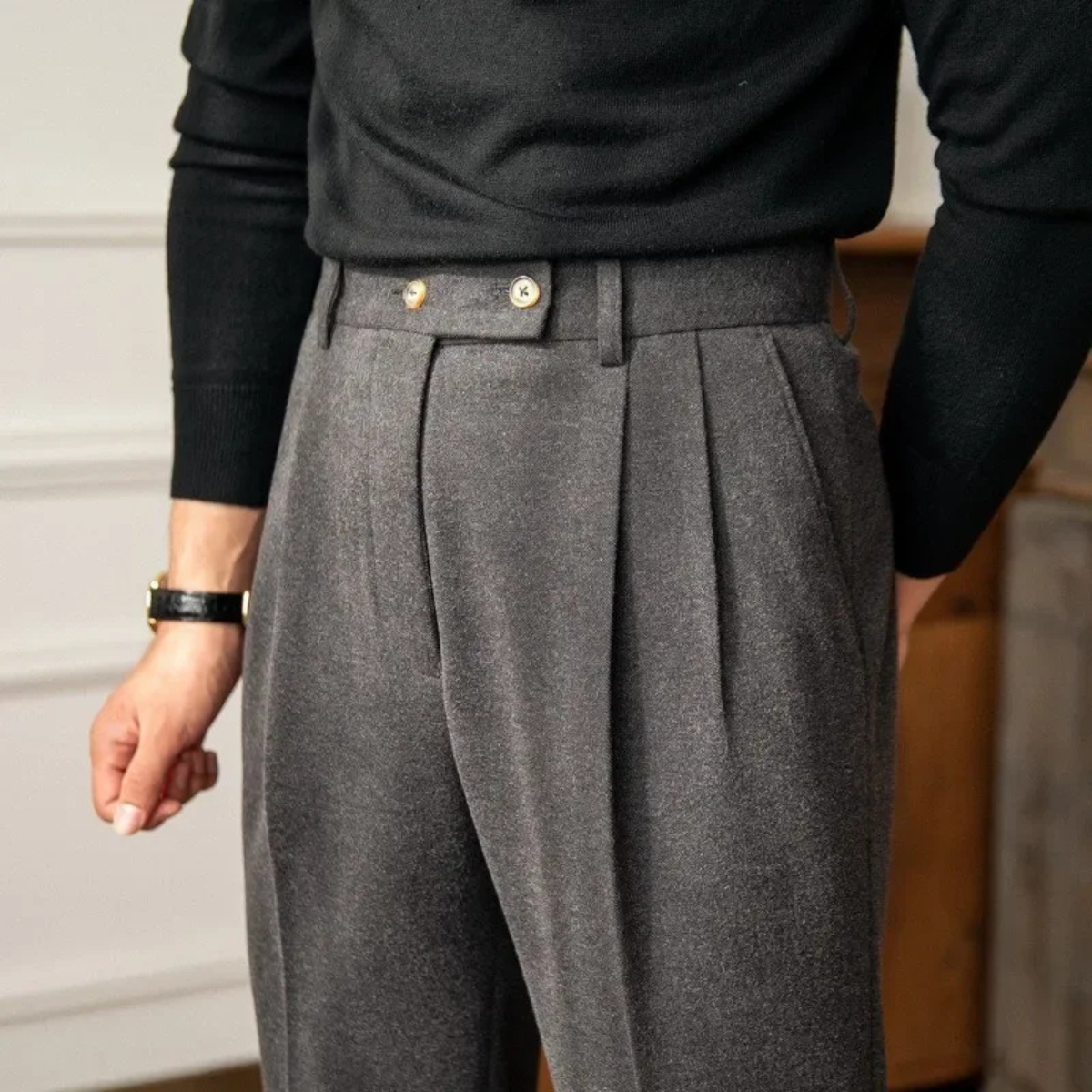 Men's High Waisted Wool Slim Fit Dress Pants